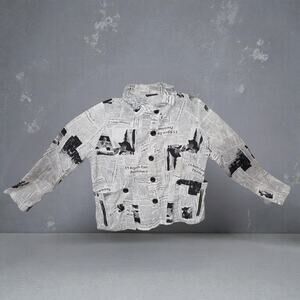 Ki Meng Newspaper Print Button Up Shirt Artsy Graphic Utility Top – Large